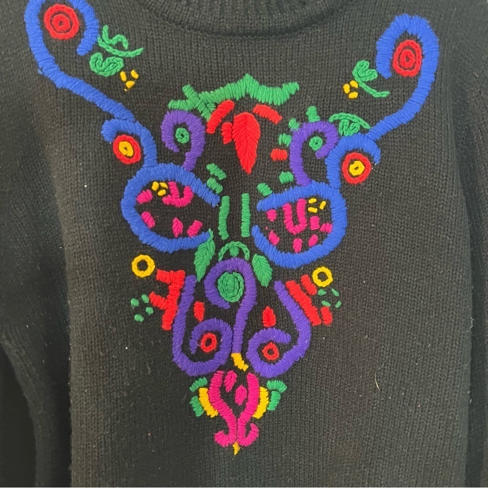 Vintage Embroidered Colorful Knit Sweater Holiday Turtleneck Funky Artsy Retro - Picture 11 of 13